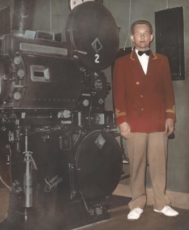 Woodrow Wise Jr. in the projection booth of a Virginia theater in an undated photo from the 1960s.